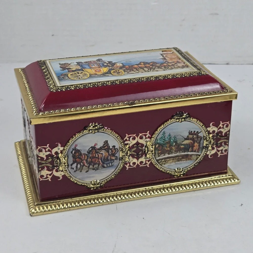 Klann Quality Tin Box Victorian Carriage Scene Burgundy Gold 7x5x4